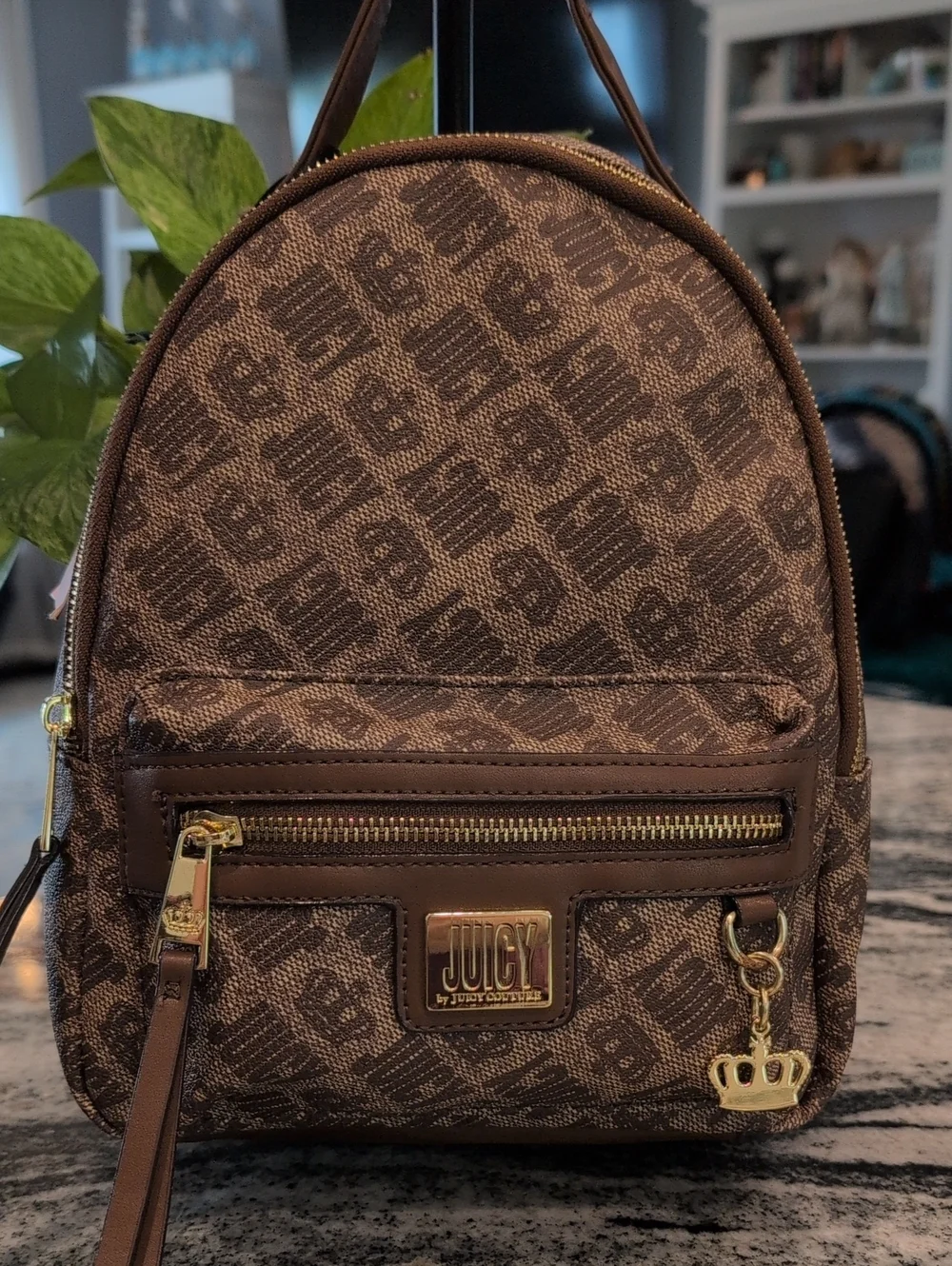 Juicy Couture Brown Monogram Mini Backpack with Gold Accents